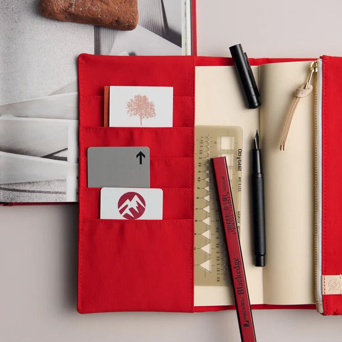 Hobonichi 2026 A5 Cousin Cover: Tragen - Red, close-up view.