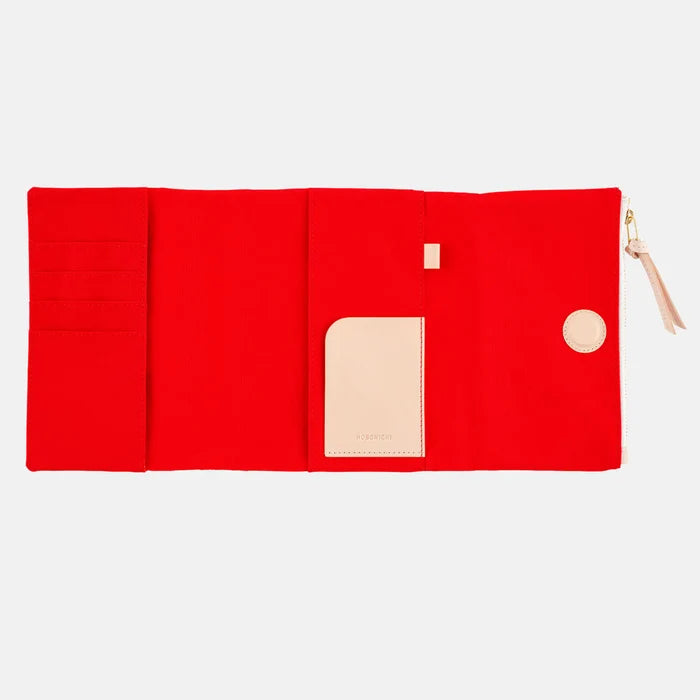 Hobonichi 2026 A6 Planner Cover: Tragen - Red, shown with its details.