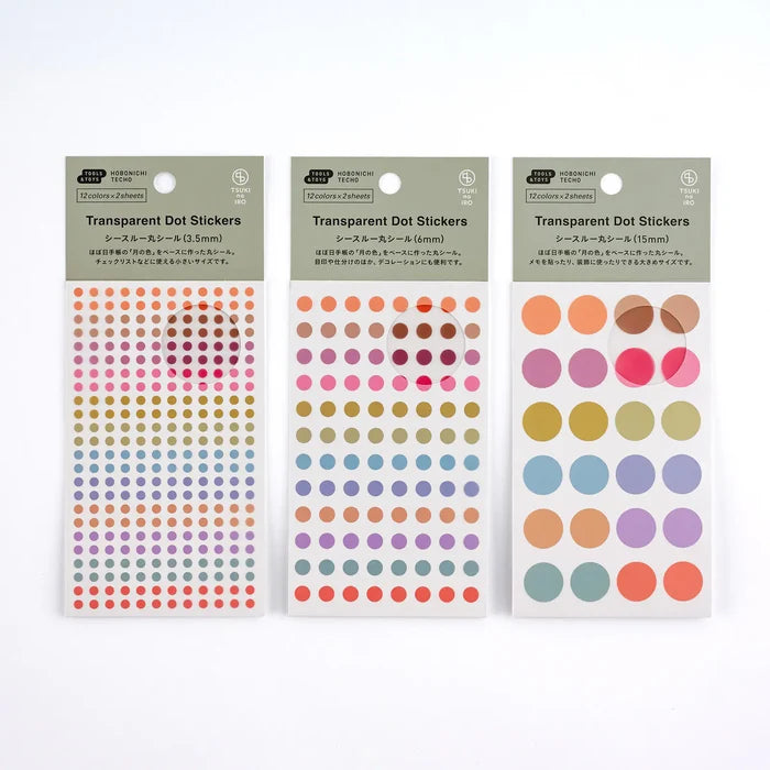 Hobonichi 2026 Accessories: TSUKI no IRO - Transparent Dot Stickers (15mm), shown from another angle.