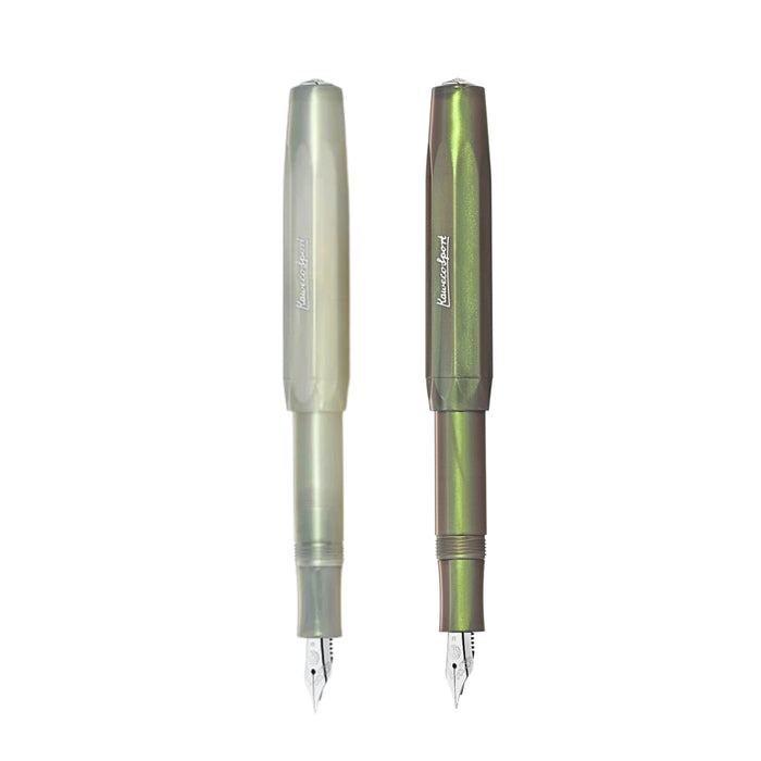 Kaweco Lunar Sport Fountain Pen in light green and shadow green finishes shown uncapped with stainless steel nibs visible.
