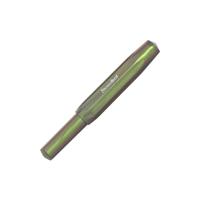 Kaweco Lunar Sport Fountain Pen in shadow green finish shown uncapped with nib.