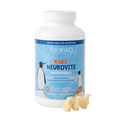 BrainMD Kids' NeuroVite Multivitamin Chewables: front of blue supplement bottle and capsules against a transparent background