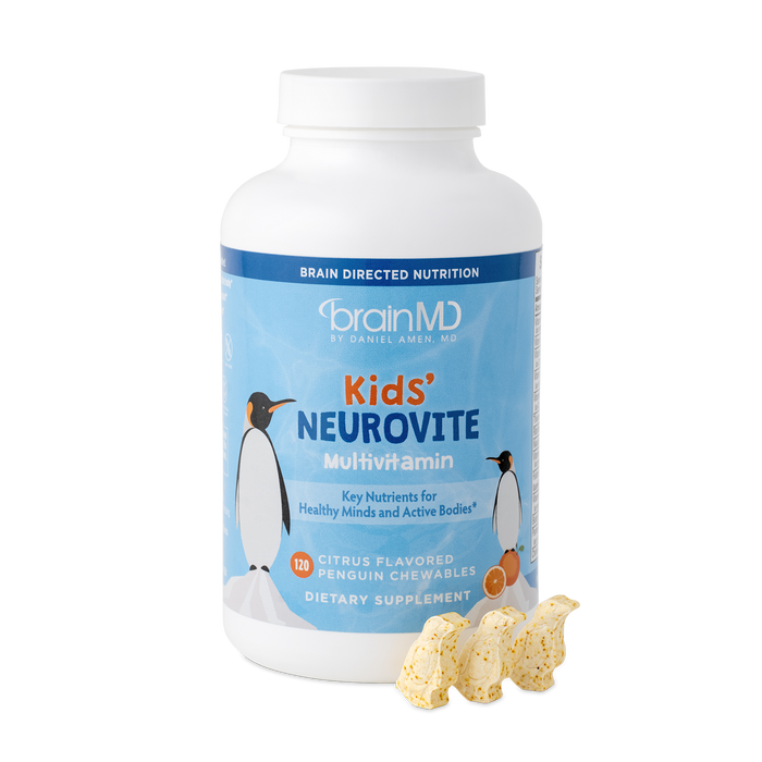 BrainMD Kids' NeuroVite Multivitamin Chewables: front of blue supplement bottle and capsules against a transparent background