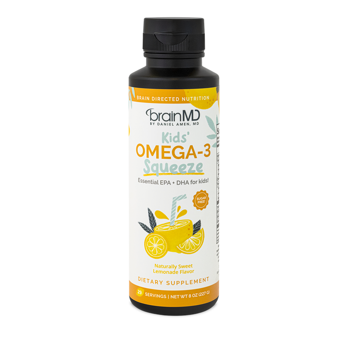 BrainMD Kids' Omega-3 Squeeze: image of orange and white supplement bottle against a transparent background