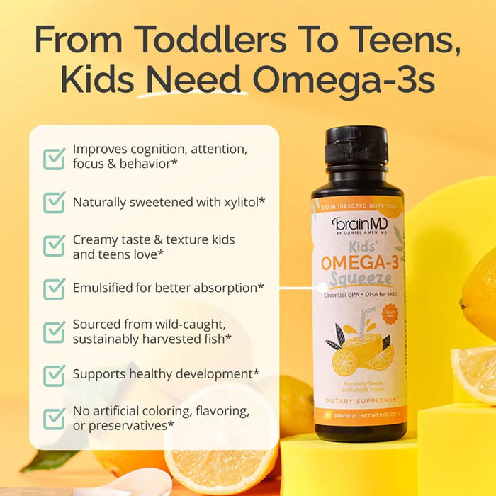 BrainMD Kids' Omega-3 Squeeze: infographic, orange & white supplement bottle with brief phrases highlighting product benefits