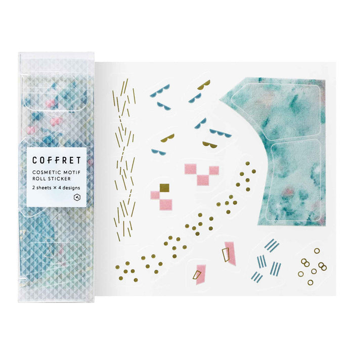 HITOTOKI Coffret cosmetic film roll stickers displayed with packaging and decorative stationery elements.