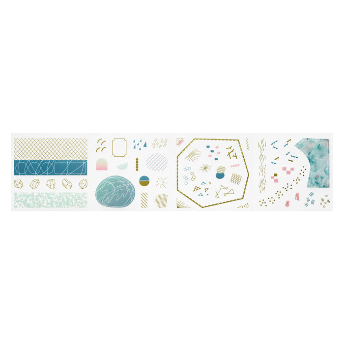 Close-up of HITOTOKI Coffret cosmetic film roll sticker patterns laid out on a textured background.
