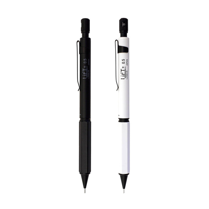 Kitera LIFT+ Mechanical Pencil 0.5mm in black and white finishes with slim brass barrels and precision drafting tips