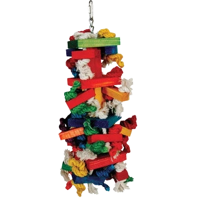 Knotty Blocks,"Hanging stack of colorful wood blocks with rope knots"