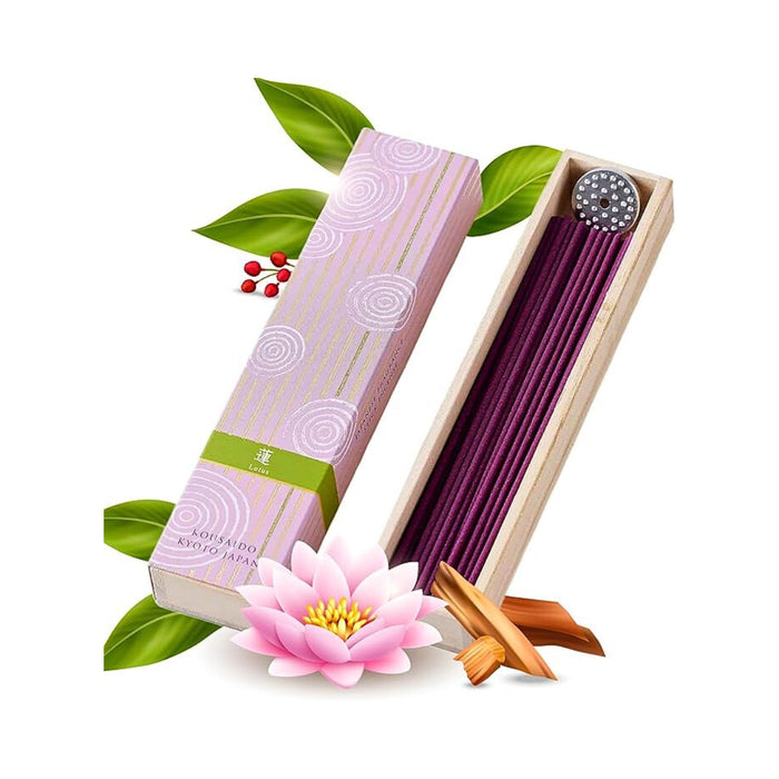 Kousaido Hyakurakukou lutos incense box with long Japanese incense sticks and decorative flowers.
