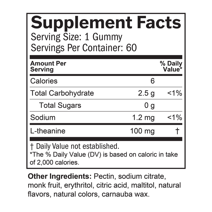 BrainMD L-Theanine Gummies: infographic, supplement facts box