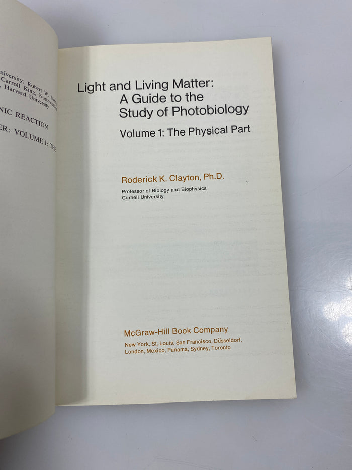 Light and Living Matter Vol. 1 Physical Part by Clayton 1970 SC