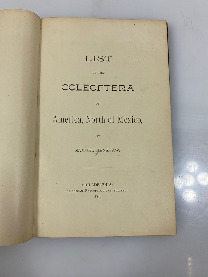 List of the Coleoptera of America North of Mexico by Henshaw Ex-library 1885 HC
