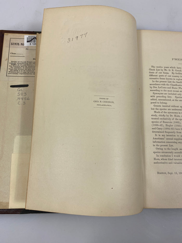 List of the Coleoptera of America North of Mexico by Henshaw Ex-library 1885 HC