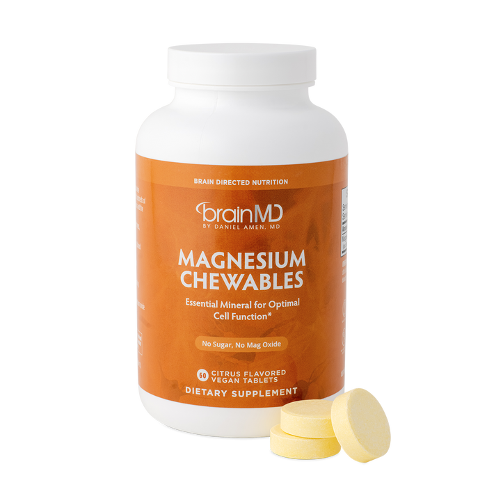 BrainMD Magnesium Chewables:  image of an orange supplement bottle against a transparent background
