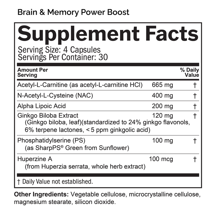 Supplement Facts box listing ingredients for Brain & Memory Power Boost.