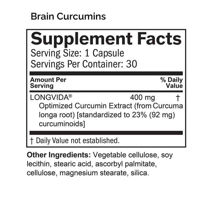 Supplement Facts box listing ingredient for Brain Curcumins.