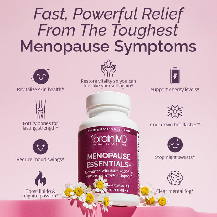 BrainMD Menopause Essentials+: infographic, purple supplement bottle surrounded by brief phrases highlighting benefits