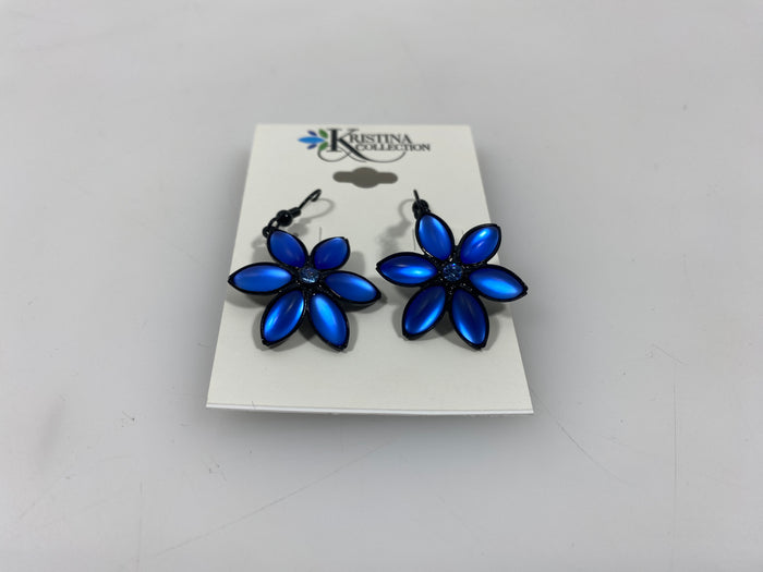 Metallic Blue Flower Dangle Earrings