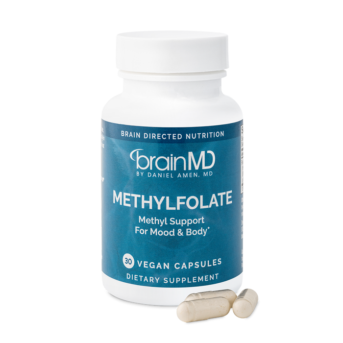 BrainMD MethylFolate: image of a blue supplement bottle with capsules at the base against a transparent background