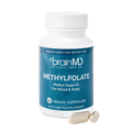 BrainMD MethylFolate: image of a blue supplement bottle with capsules at the base against a transparent background