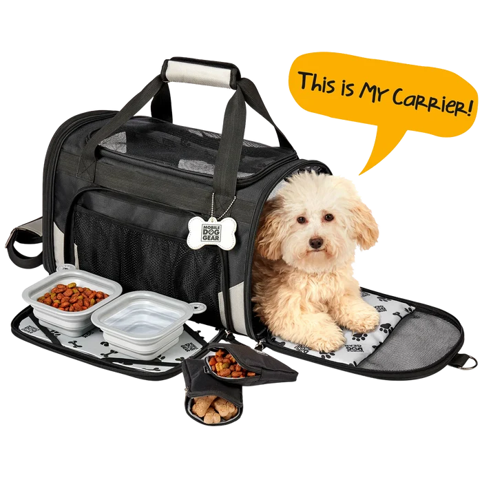 Mobile Dog Gear Pet Carrier Plus,"Black soft pet carrier with dog, bowls, and treat pouches"