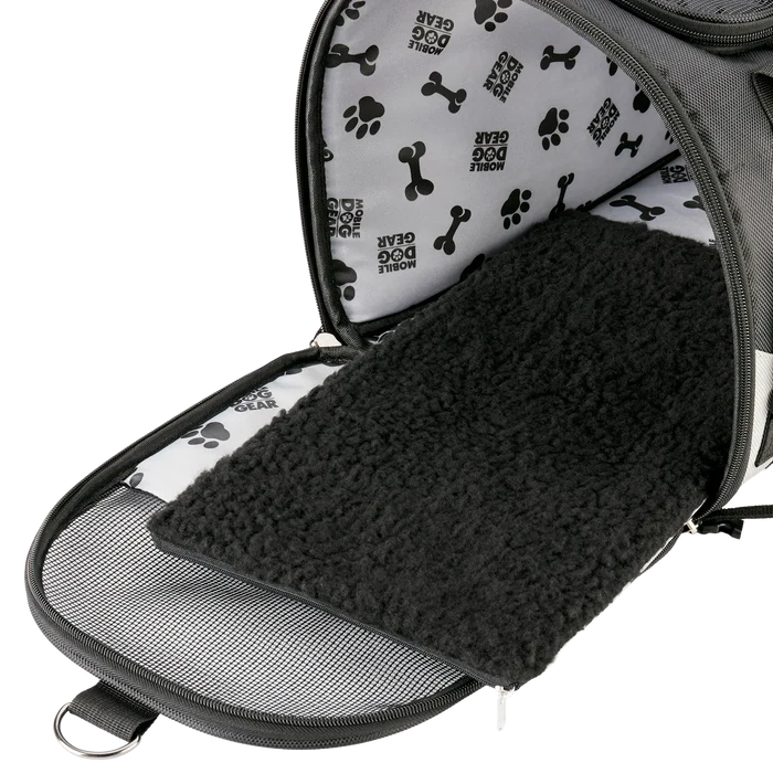 Mobile Dog Gear Pet Carrier Plus,"Open pet carrier interior with black plush mat and mesh flap"