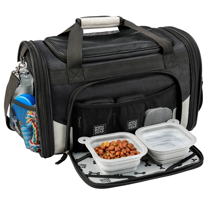 Mobile Dog Gear Pet Carrier Plus,"Black pet carrier with front flap, bottle, bowls, and side pocket"