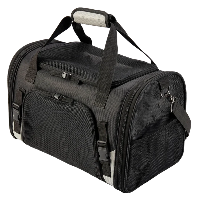 Mobile Dog Gear Pet Carrier Plus,"Black pet carrier with mesh top, side pockets, and shoulder strap"