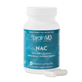 BrainMD NAC: image of blue supplement bottle and three white capsules at its base with transparent background