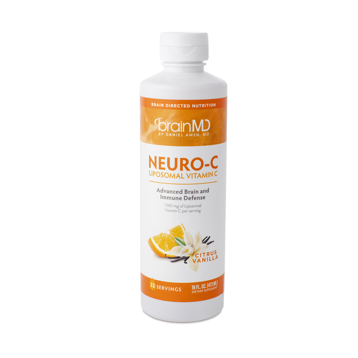 BrainMD Neuro-C Vitamin C: image of orange and white supplement bottle against a transparent background