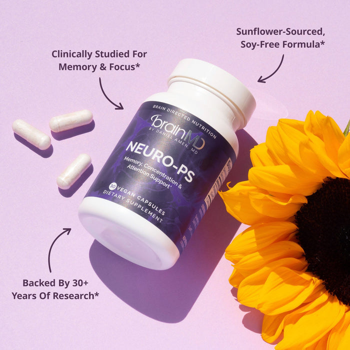 BrainMD Neuro-PS: infographic, purple supplement bottle with phrases highlighting benefits against light purple background