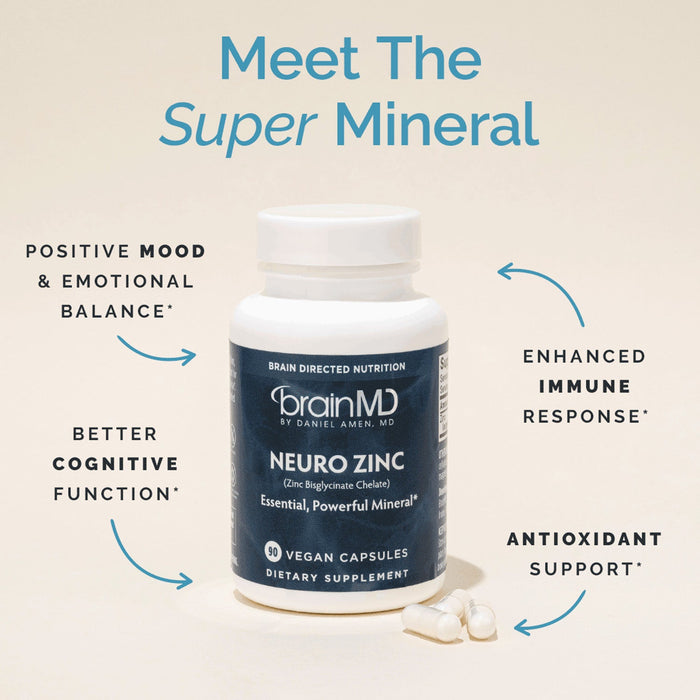 BrainMD Neuro Zinc: infographic, list of phrases highlighting benefits surrounding gray supplement bottle against off-white background