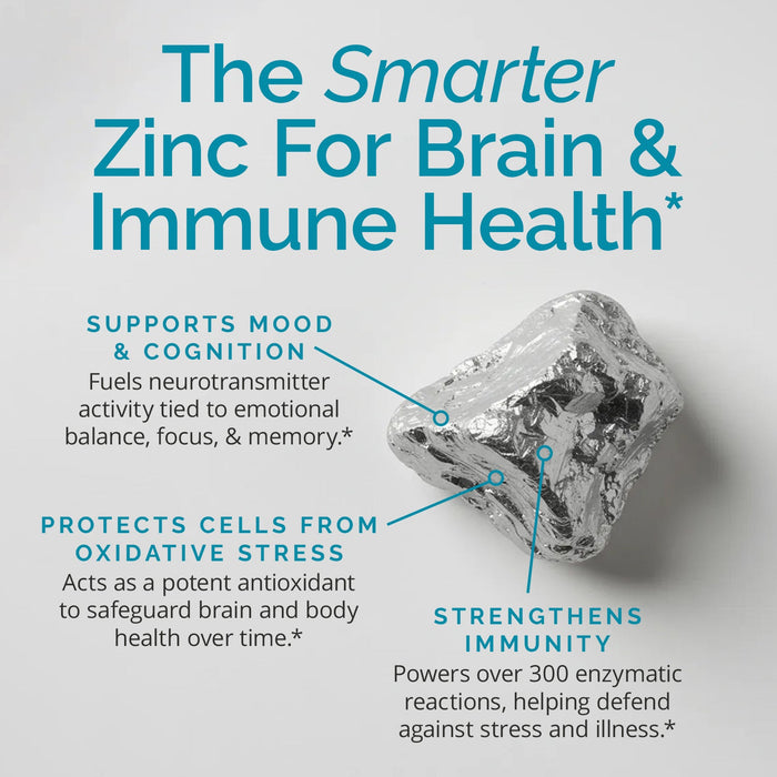 BrainMD Neuro Zinc: infographic, image of raw zinc surrounded by list of phrases highlighting benefits, off-white background