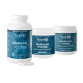 One supplement bottle and two tubs of supplement powder against a transparent background.