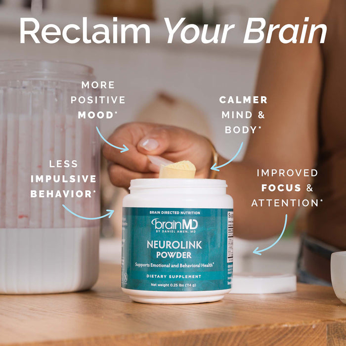 Infographic - woman lifting scoop of powder from a blue-green container with benefits and title: "Reclaim Your Brain".