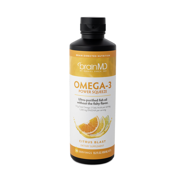 BrainMD Omega-3 Power Squeeze: image of orange and white supplement bottle against a transparent background