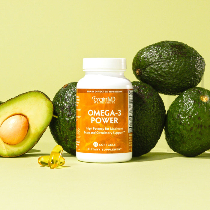 BrainMD Omega-3 Power: row of avocados behind an orange supplement bottle and softgels, light green background