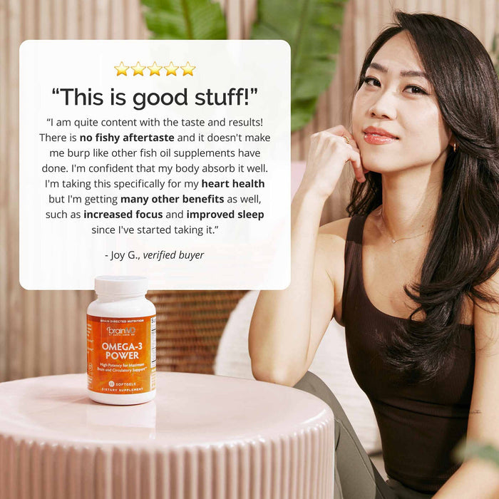 BrainMD Omega-3 Power: infographic, orange supplement bottle on a table next to a woman with customer review inset