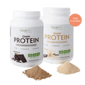 Chocolate and Vanilla flavored protein powder tubs with mounds of powder against a transparent background.