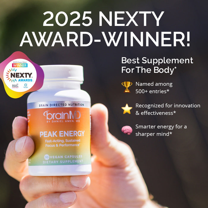 Infographic - person holding Peak Energy bottle next to list of benefits on the right.