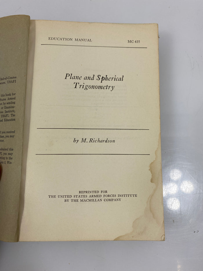 Plane and Spherical Trigonometry by Richardson 1950 SC