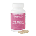 BrainMD PMS Relief+: pink supplement bottle with capsules against a transparent background