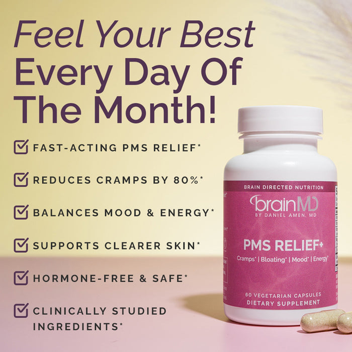 BrainMD PMS Relief+: infographic, pink supplement bottle with capsules next to brief phrases highlighting supplement benefits