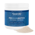 BrainMD PreBrainBiotics: blue supplement container with mound of powder against a transparent background