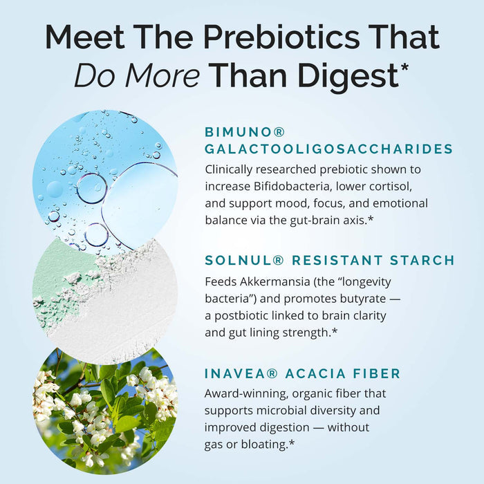 BrainMD PreBrainBiotics: infographic, images, names & descriptions of 3 key ingredients set against an off-white background