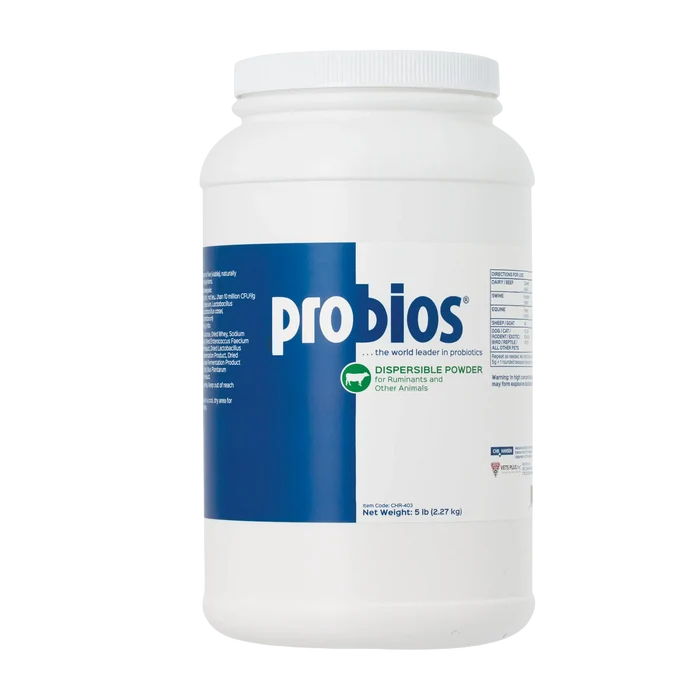 "Probios® for Dogs, Horses, and Other Animals","White plastic jar with screw-top lid and blue front label"