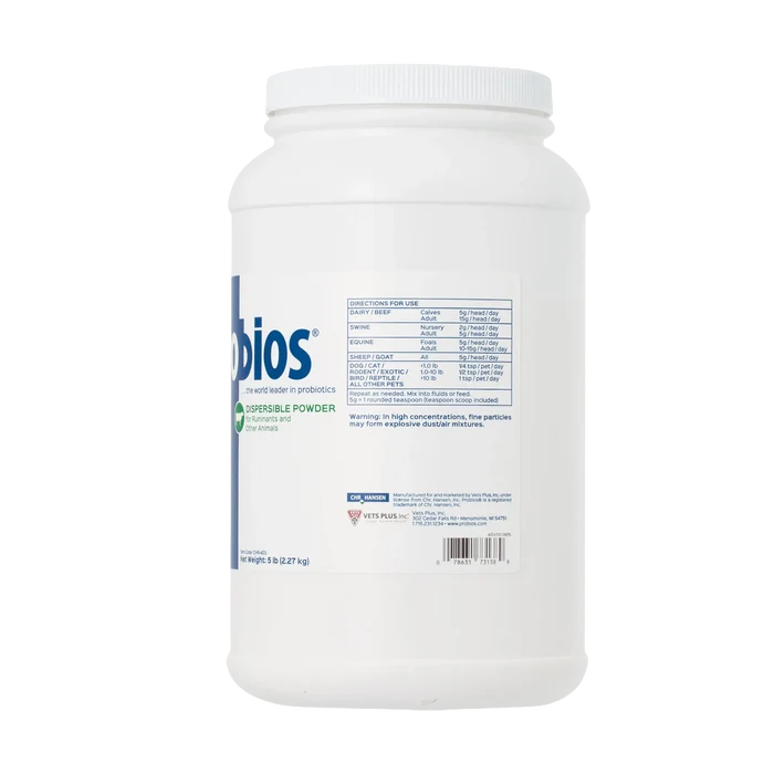 "Probios® for Dogs, Horses, and Other Animals","White plastic powder jar, back label view"