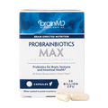 BrainMD ProBrainBiotics MAX: blue & white supplement box with capsules against a transparent background