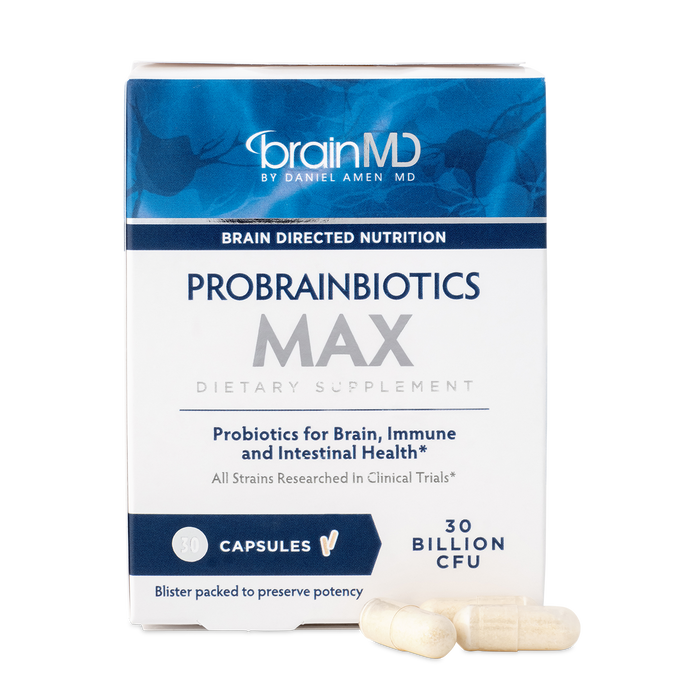 BrainMD ProBrainBiotics MAX: blue & white supplement box with capsules against a transparent background